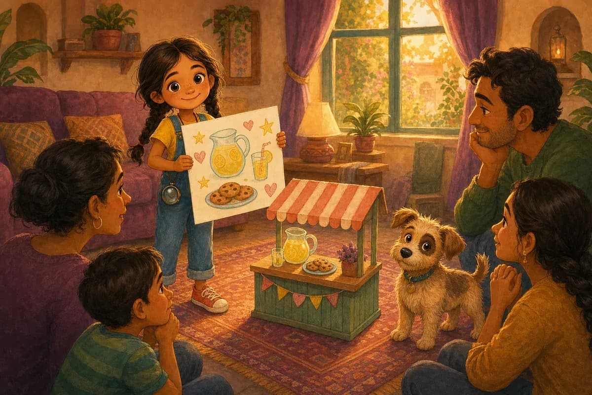 Lila muestra a su familia el dibujo de su puesto de limonada mientras Coco la acompaña.