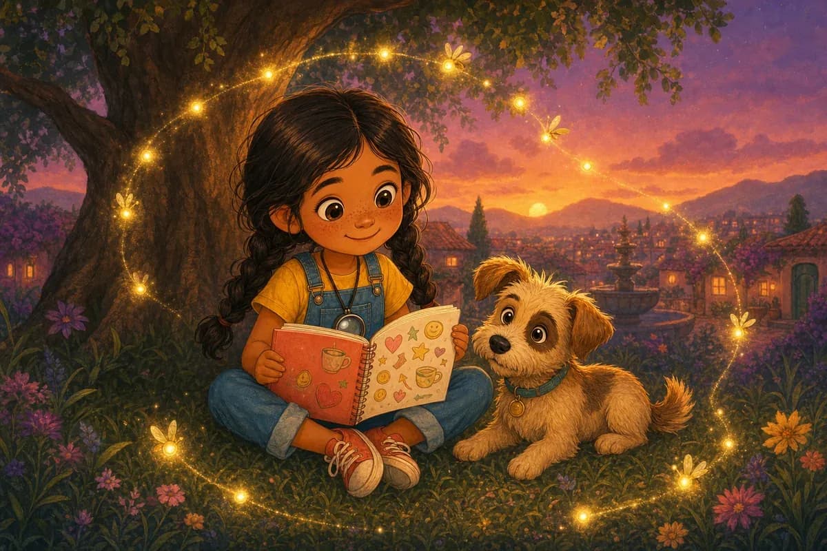 Lila relee su cuaderno de ideas bajo unas luces cálidas mientras Coco descansa a su lado.