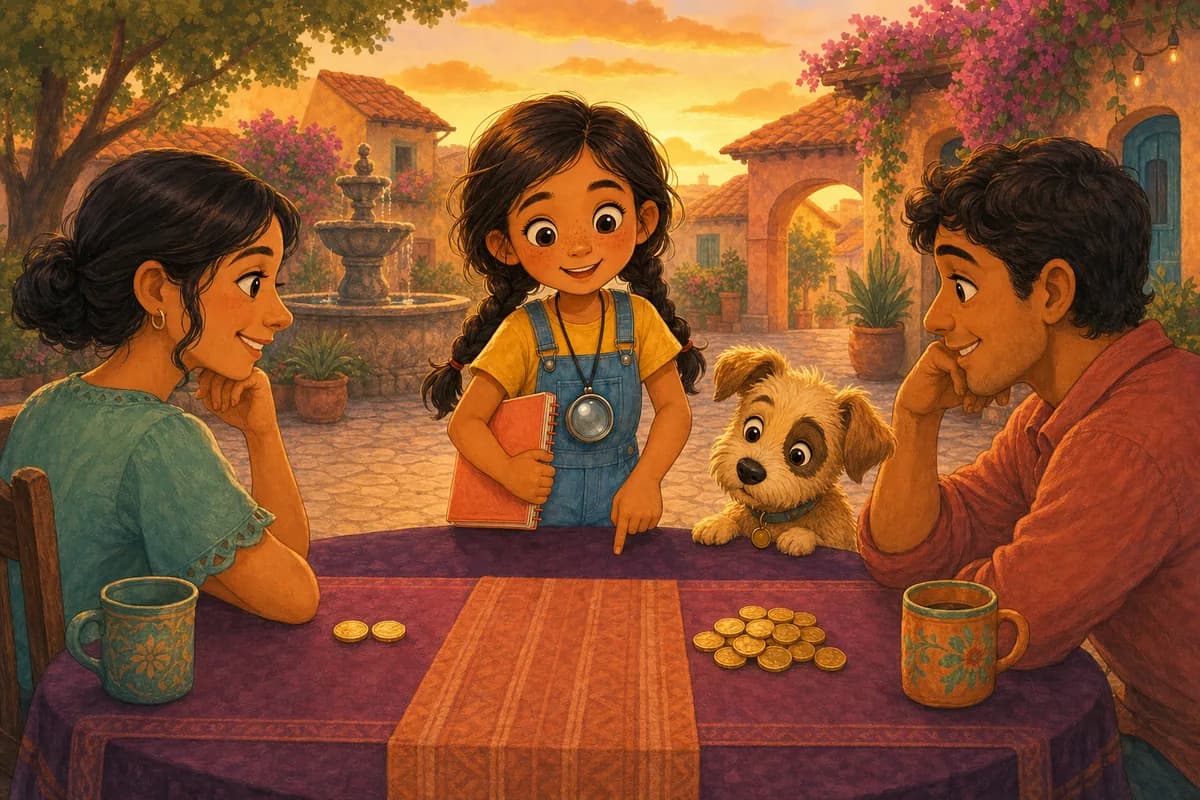 Lila compara a dos clientes y las moneditas que deja cada uno, anotando en su cuaderno, mientras Coco mira las monedas.