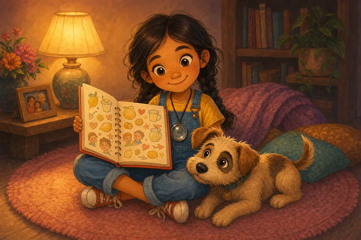 Lila relee su cuaderno lleno de notas y dibujos, sonriendo orgullosa, mientras Coco apoya la cabeza en su pierna.