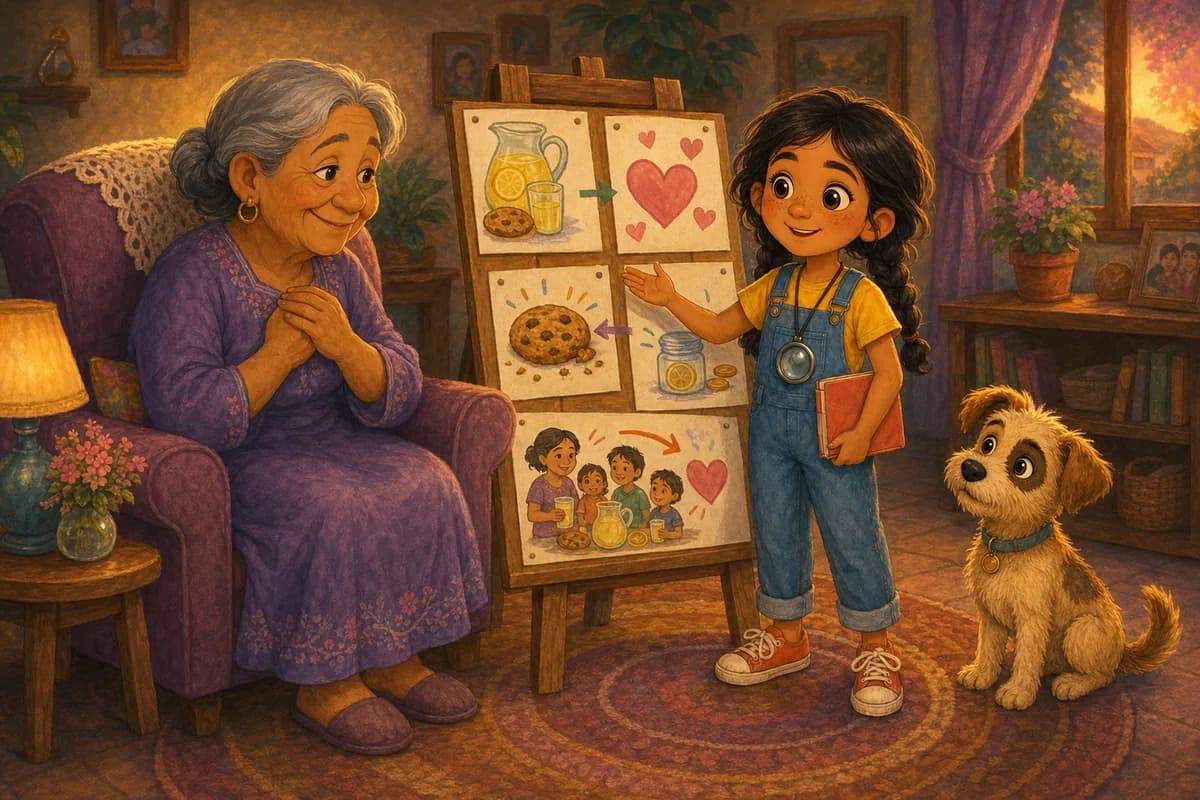 Lila muestra láminas dibujadas en un atril a su abuela, que sonríe, mientras Coco está sentado como público.