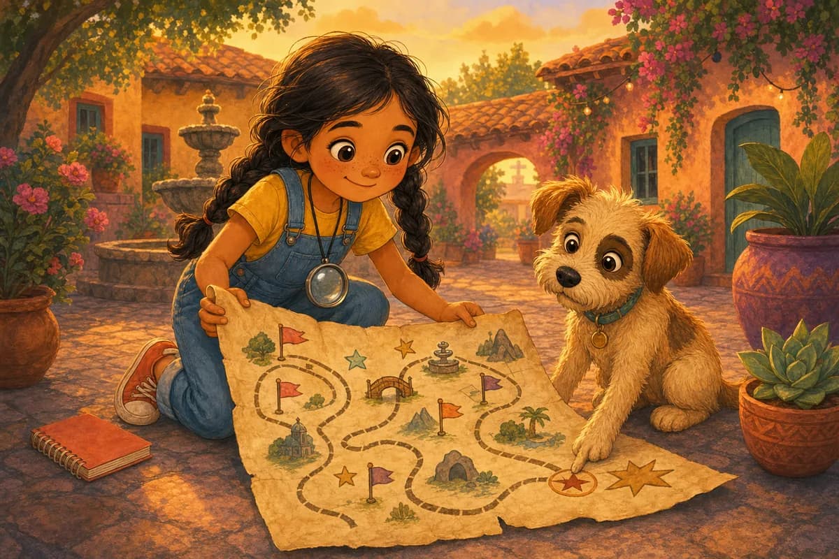 Lila despliega un mapa del tesoro con un camino y banderines, señalando los pasos, mientras Coco apunta con la patita.