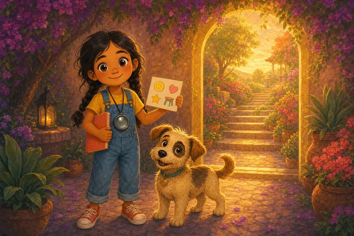 Lila mira hacia una escalera luminosa que sube hacia algo más grande, con una lista de chequeo en la mano, mientras Coco la acompaña expectante.