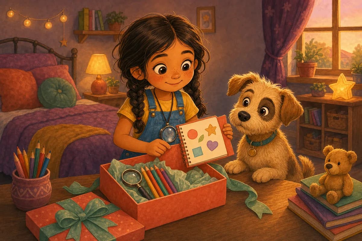 Lila prepara un regalo a medida mirando su cuaderno.