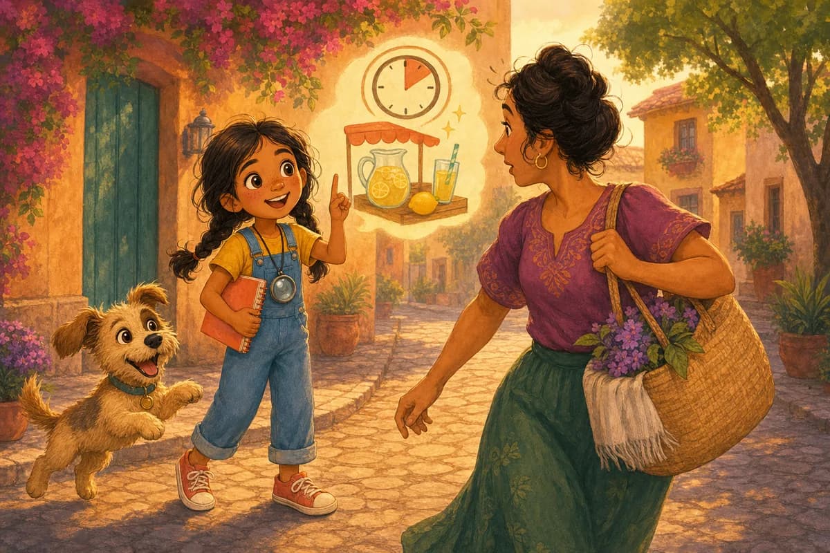 Lila le explica con entusiasmo su idea a una persona apurada en la esquina, mientras un relojito marca el poco tiempo y Coco salta.