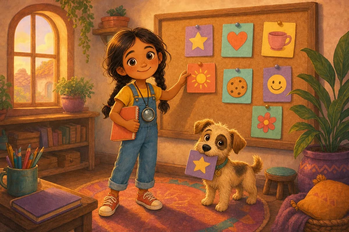 Lila pega en un mural tarjetitas que dicen "yo quiero...", cada una con un dibujito, mientras Coco sostiene una en el hocico.