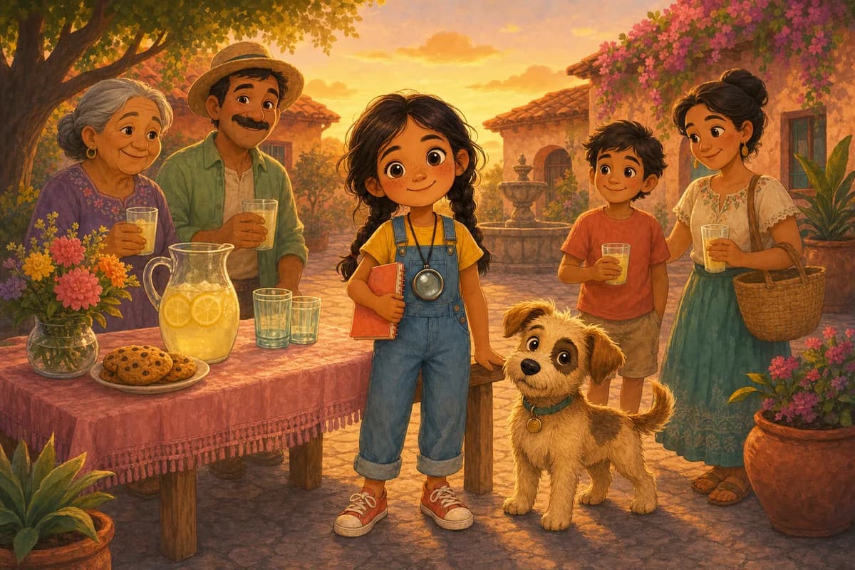 Lila atiende su puesto de limonada y galletas en la plaza con Coco.