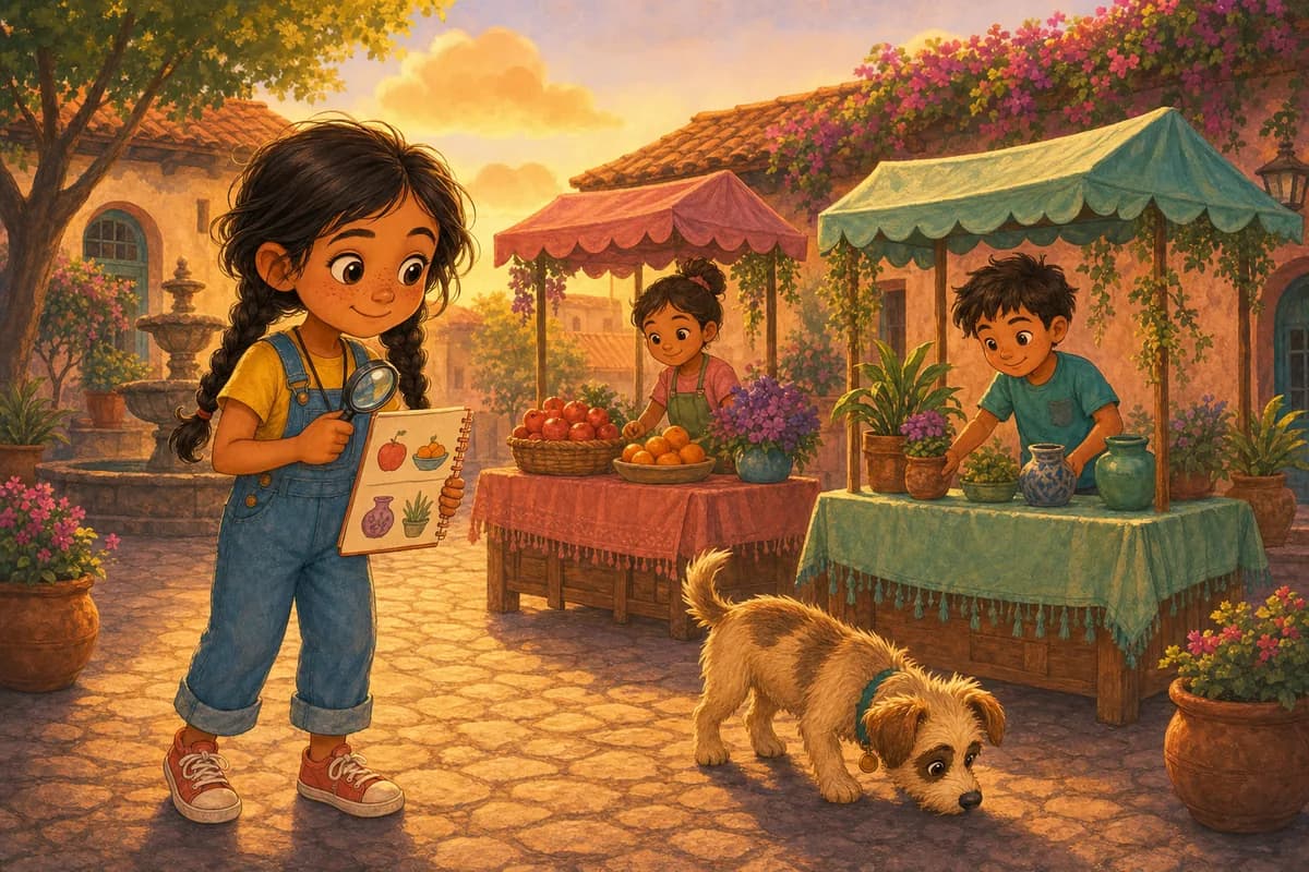Lila observa con su lupa otros puestos de la plaza y anota las diferencias en su cuaderno, con Coco al lado.