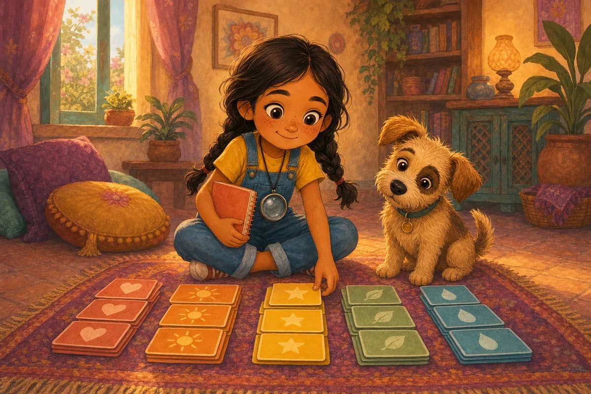 Lila ordena en el suelo tarjetas en montones de "ahora" y "después", mientras Coco mira inclinando la cabeza.