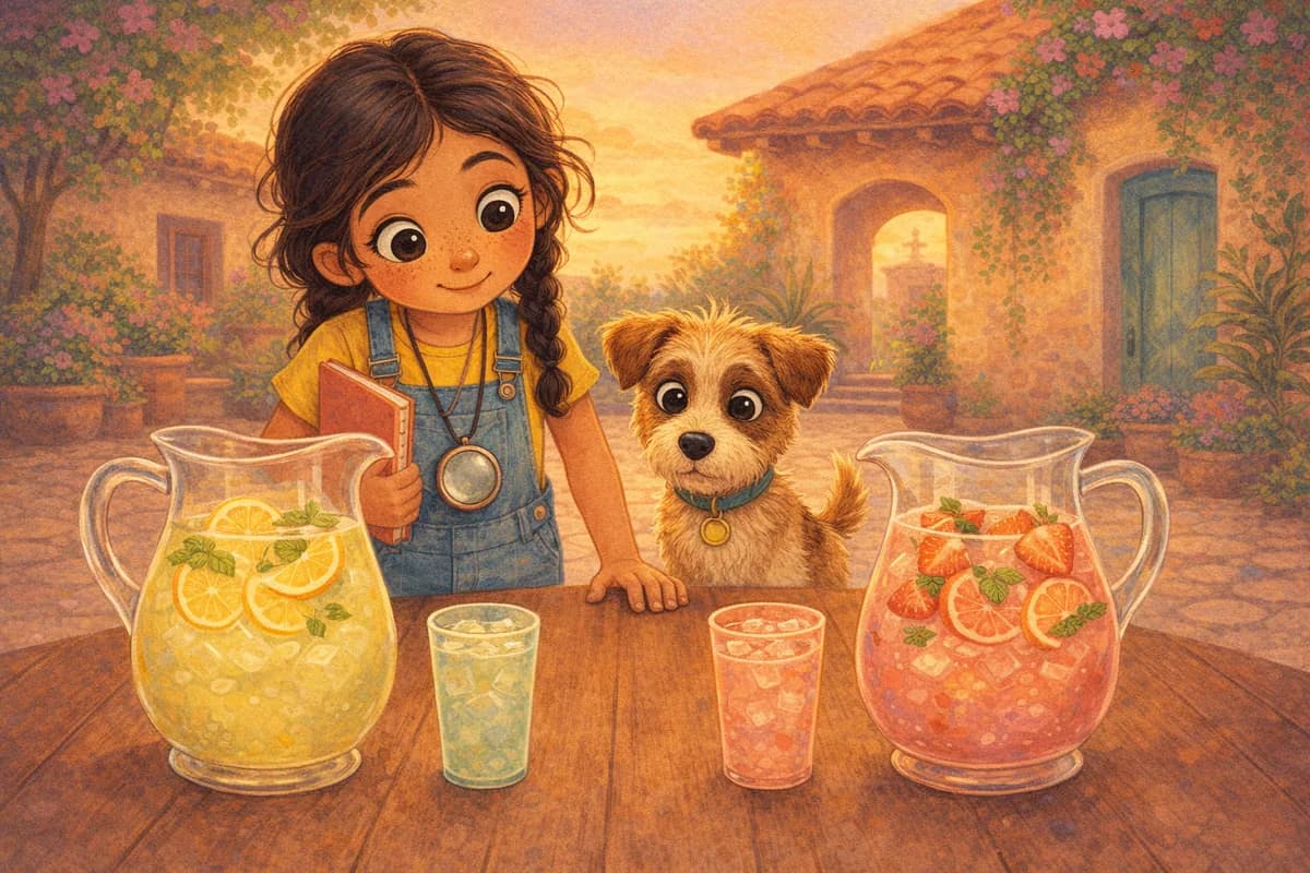 Lila observa dos jarras de limonada marcadas, una a la izquierda y otra a la derecha, esperando ver cuál se vacía primero, mientras Coco mira entre las dos.