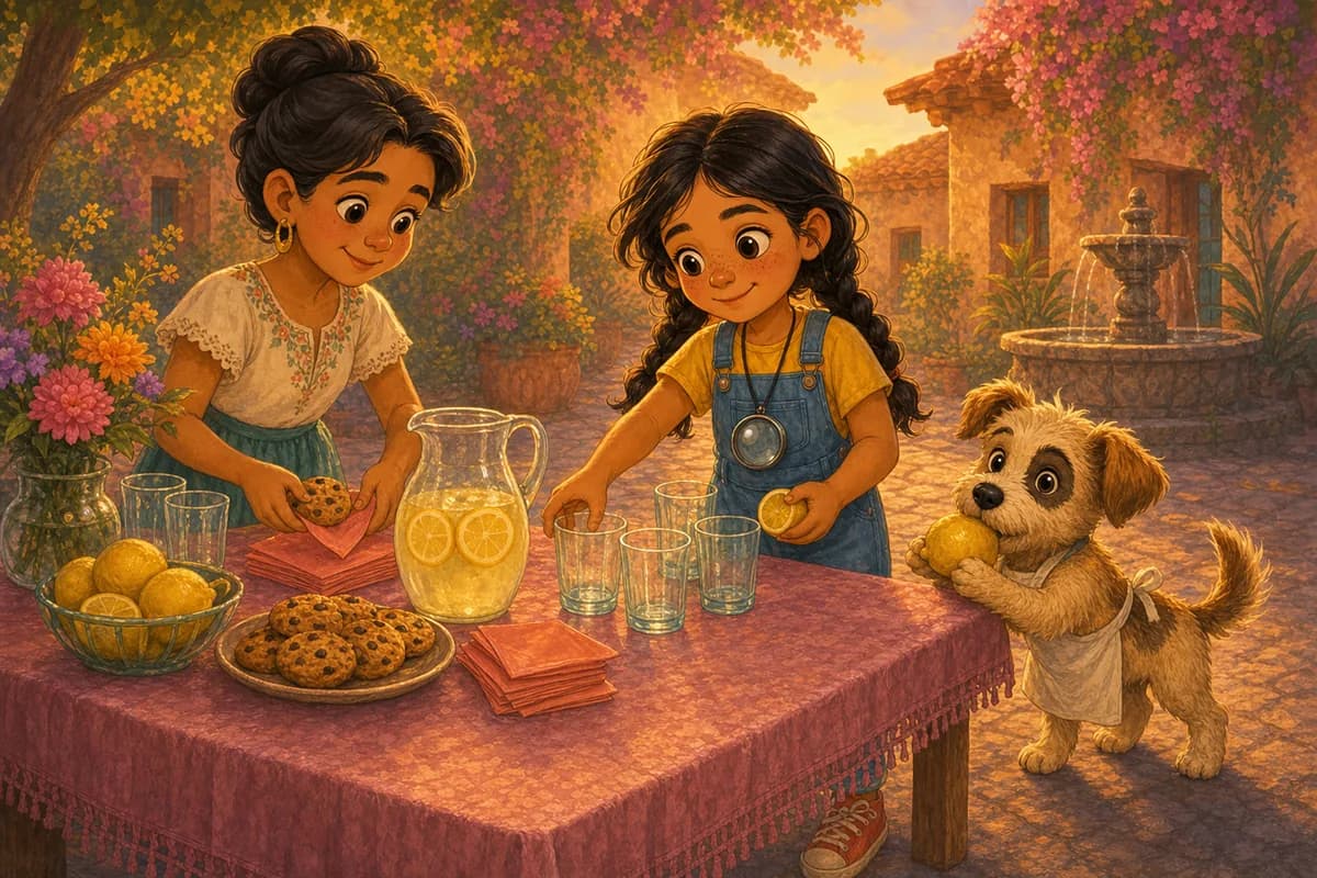 Lila y una amiga se reparten contentas las tareas del puesto, mientras Coco ayuda con un delantal puesto.