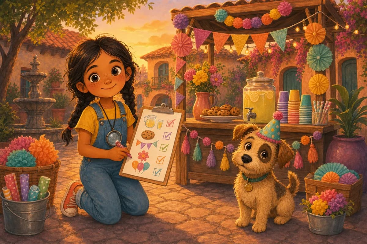 Lila prepara la inauguración de su puesto con una lista y guirnaldas, mientras Coco la ayuda con un gorrito de fiesta.
